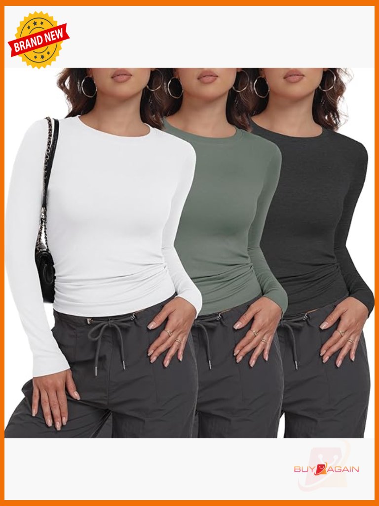 3 Pack Long Sleeve Crew Neck Stretchy Fitted Tees